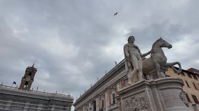 Cinematic Slow Motion Close-up Of Dioscuri Statue Rome Campidoglio