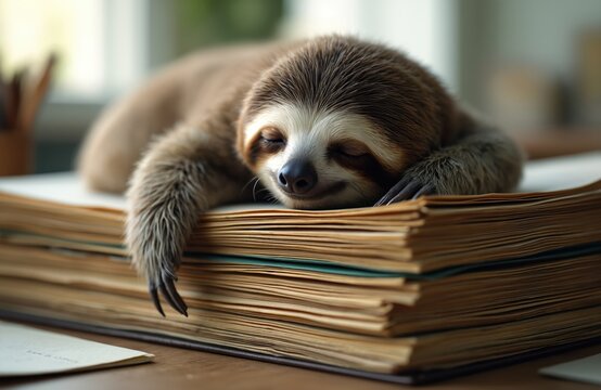Tired sloth slepic on big book pile. Animal rests in office desk clutter. Exhausted lazy creature naps on paper documents. Sleepy mammal avoids work tasks.