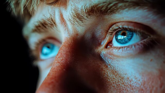 Close-up of a young man's expressive eyes reflecting light, showcasing emotions in a dark setting