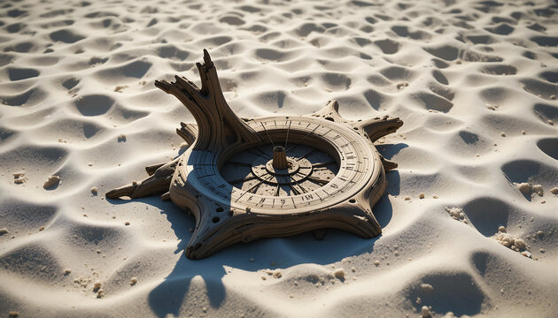 Driftwood forming a circular shape on sandy beach with natural lighting, ideal for nature and environmental themes