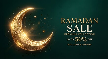 Luxury Ramadan Sale Banner featuring Ornate Metallic Gold Crescent Moon on Dark Emerald Green