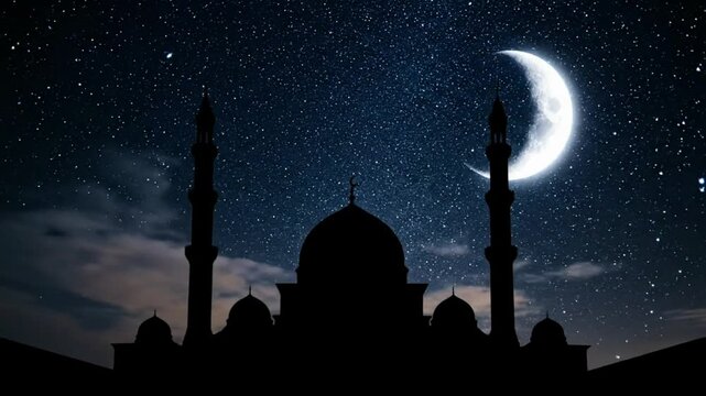 Silhouette of a mosque with minarets under a starry night sky with crescent moon