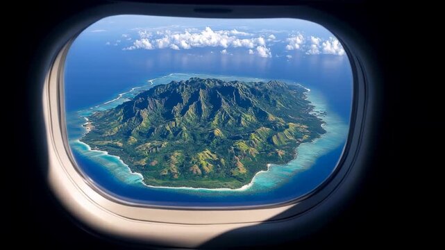 Aerial view of a lush green island surrounded by turquoise waters and clouds