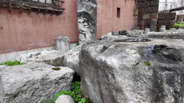 Cinematic Slow Motion Close-up Of Ancient Roman Ruins Near Theater Marcellus