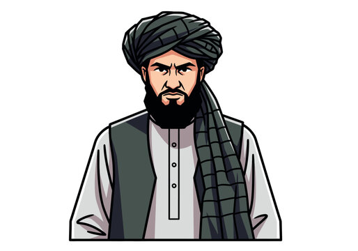 Vector illustration of a bearded Afghan male portrait, on a white background