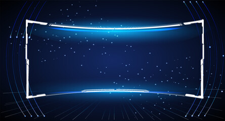 Obraz premium The scene shows a blue digital background with illuminated lines creating a frame effect. Small particles appear to float in the background, adding depth to the design.