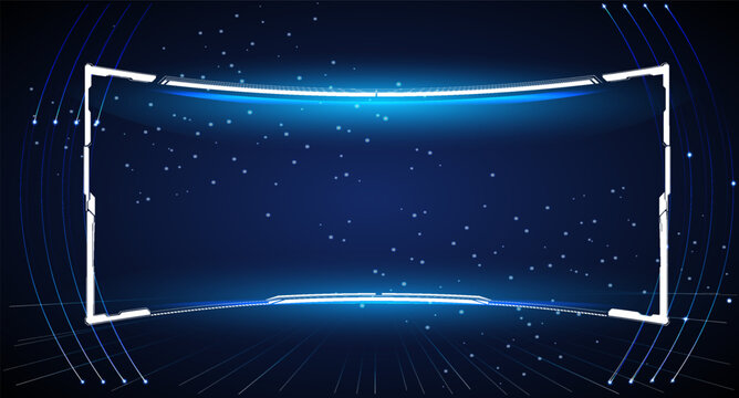 The scene shows a blue digital background with illuminated lines creating a frame effect. Small particles appear to float in the background, adding depth to the design.