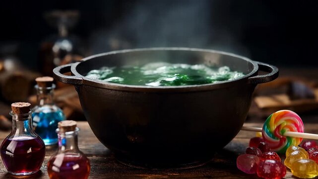 A cauldron with bubbling green liquid surrounded by colorful potion bottles, creating a mystical and magical atmosphere, perfect for evoking themes of alchemy, wizardry, and potion-making