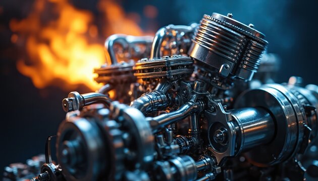 Close-up of complex shiny metal engine. Gears and pipes visible with orange flame in background. Powerful mechanical part for auto, industry, or tech.