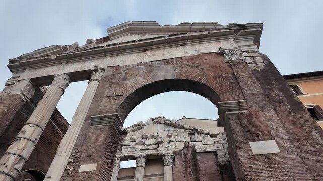 Cinematic Slow Motion View Of Portico D'Ottavia Ancient Ruins Rome