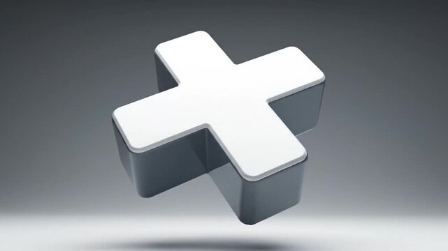 Minimalist 3d white plus symbol with rounded edges, casting a subtle video game character on a gradient gray surface, representing addition, health, or positivity.