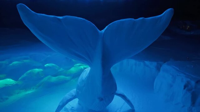 Dramatic Whale Tail Slapping Scene Under Icey Blue Glacier Setting