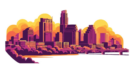 Illustration of a city skyline at sunset with a bridge and trees in a vibrant, purple and orange color scheme against a bright sky with clouds.