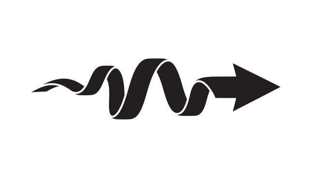 Black Ribbon Shaped Arrow Moving Forward on White Background, Dynamic Motion Graphic Element