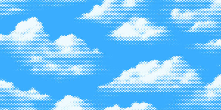 Halftone cloud background. White dotted clouds in blue sky. Comic pop art heaven wallpaper for banner, collage, poster, leaflet, brochure. Rasterized smoke, smog or fog texture. Vector illustration