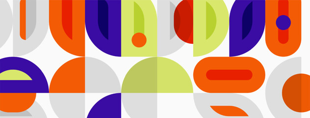 Abstract geometric shapes overlap, creating vibrant colorful pattern. Simple forms suggest midcentury modern aesthetic.