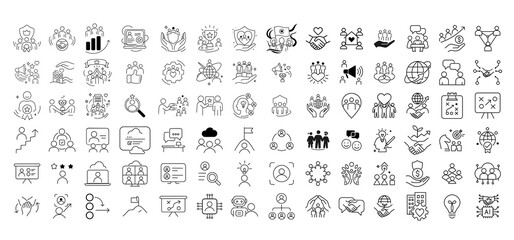 Obraz premium Artificial Intelligence and Business Technology Line Icon Collection. Containing AI Brain, Machine Learning, Data Analysis, Automation, Startup, Teamwork and more icons.