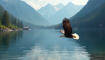 Bald eagle flies over calm blue lake with forest and mountains backdrop. Bird has wings spread wide soaring in clear sky near water surface. Scenic wilderness view.