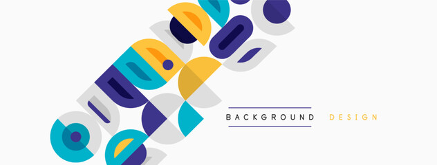 Abstract geometric shapes, vibrant colors, modern design elements. Background features overlapping circles, squares, rectangles. Clean aesthetic.