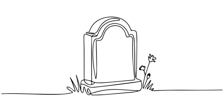 Tombstone with flag continuous one line drawing, Gravestone R.I.P continuous one line art drawing of Halloween, grave, cemetery, death, memorial day, Memorial day background with soldier and graves