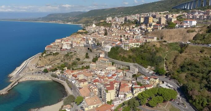 Aerial view of the city of Pizzo Calabro, located on the Coast of the Gods, in the province of Vibo Valentia, Calabria, Southern Italy. The town's historic center overlooks the Mediterranean Sea.