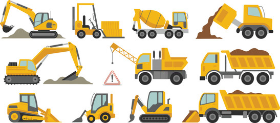 Construction Heavy Equipment Vehicles Set Including Excavator, Bulldozer, Crane, Forklift and Dump Truck Isolated on White Background for Industrial and Engineering Projects © MstAnufa