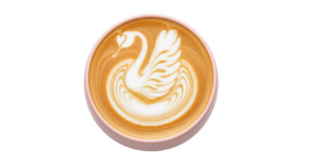 Latte art swan in pink cup isolated PNG, coffee drink with beautiful design on transparent background for cafe menu and advertising © Maria