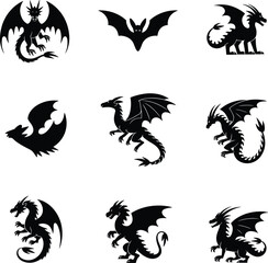 Obraz premium Dragon Silhouette Vector Set Featuring Mythical Creatures Bats and Flying Monsters for Fantasy Games Tattoo Designs Halloween Decor and Graphic Icons