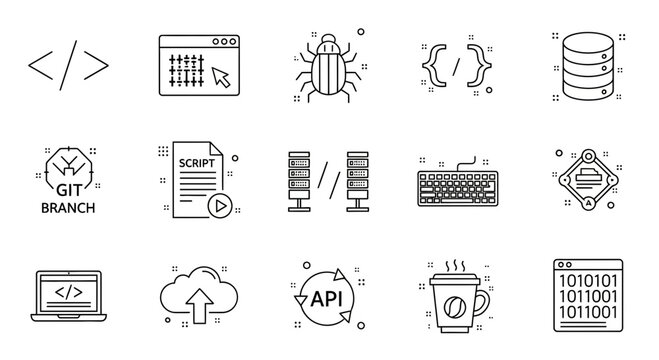 Software Development and Coding Line Icons Set: API, Database, Git Branch, Bug, Script, and Programming Symbols