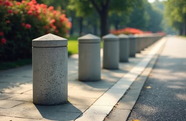 Concrete bollards line a paved walkway next to a road. Flowering bushes and trees create a green park backdrop. Sunlight creates shadows on the stone path. A peaceful outdoor scene.