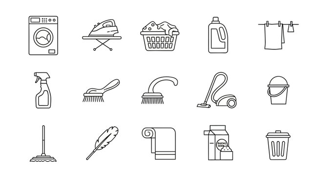 Outline Icons Set for Household Cleaning, Laundry, and Domestic Chores Equipment