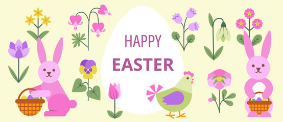 Fototapeta premium Horizontal Easter banner set featuring pink bunnies, a hen, geometric spring flowers, and a large white egg with greeting text in pastel colors