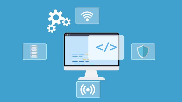 Animated computer monitor displaying programming interface surrounded by system icons like security, settings, wireless connection, and database, representing software development technology.
