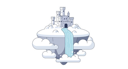 A whimsical castle rests atop a cloud island with a cascading waterfall © Tasnim Studio