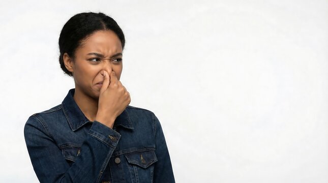 Portrait of young woman expressing disgust by pinching her nose due to a bad smell while standing against a neutral white studio background