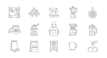 Coffee Shop and Barista Tools Line Icons Set, Including Espresso Machine, Beans, and Brewing Equipment.