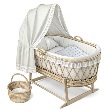 baby bed with towels, Baby carriage isolated ,This elegant wooden rocking cradle features a minimalist design and soft cushions, perfect for creating a calming sleep space for babies. Ideal for. 