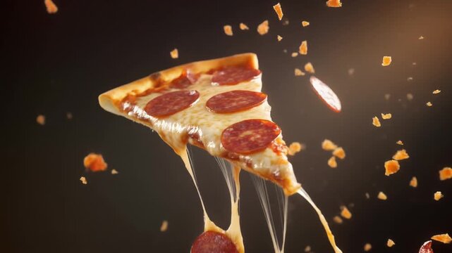 Falling Pepperoni Pizza Slice Slow Motion Close Up
