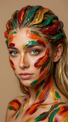 Obraz premium Artistic portrait of a blonde model with her face and hair covered in colorful thick oil paint strokes in red yellow green and gold colors