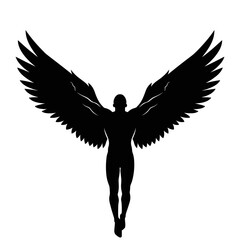 Human silhouette with large wings in flight pose