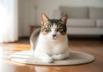 A domestic tabby and white cat with green eyes rests comfortably on a round rug indoors