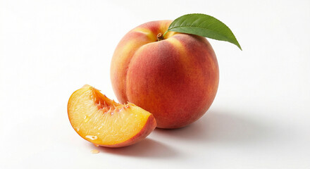 Ripe Juicy Peach With Leaf and Slice on White Background &mdash; Fresh Summer Fruit Close-Up