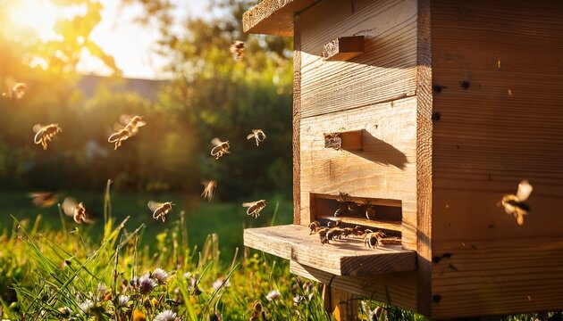 bees buzzing around a wooden hive in a sunny garden during the afternoon