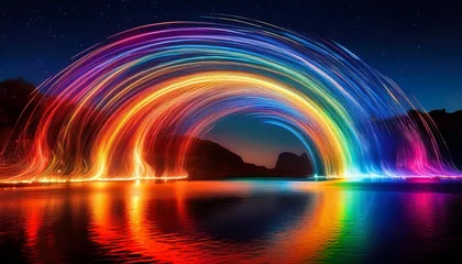 Poster Reflectie colorful fire arc light painting reflected on water creating vibrant rainbow arches and glowing streaks at night evoking energy and celebration  © Jerome
