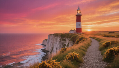 Fototapeta premium Lighthouse glowing at sunset over ocean horizon