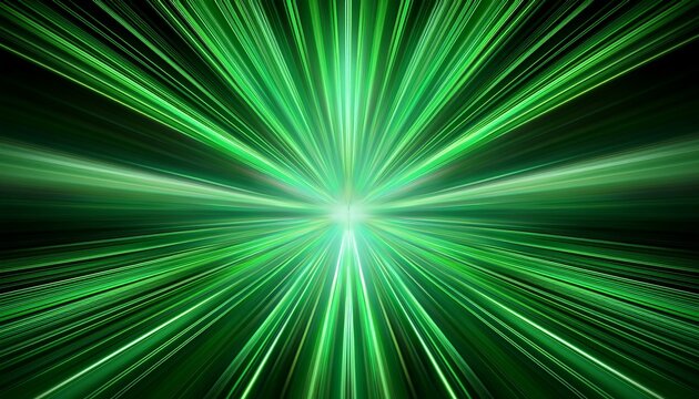 dynamic burst of green light streaks radiates from central point creating futuristic and energetic visual effect image evokes sense of speed and motion reminiscent of warp drive or hyperspace