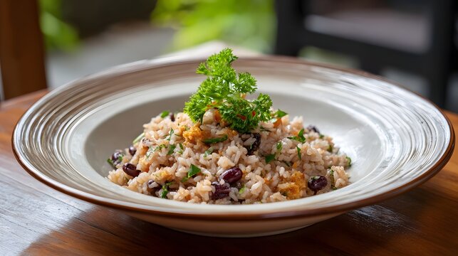 A flavorful riceberry rice dish with dark beans and fresh parsley garnish presented in a bowl
