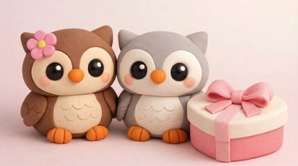 Obraz premium Cute Owl Couple with Pink Gift Box in Clay Style Romantic Valentine Concept
