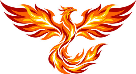 Fiery phoenix bird emblem, blazing wings and flame tail in vivid orange red tones, mythical rebirth symbol, powerful fantasy fire creature mark, radiant sparks in air, intense glow