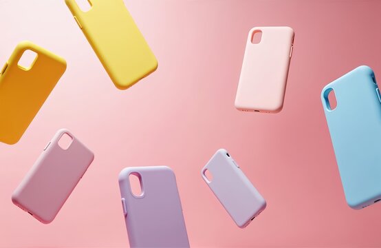 Colorful silicone mobile phone cases float against a pink background. Variety of pastel colors like yellow, pink, and blue offer smartphone protection and style.